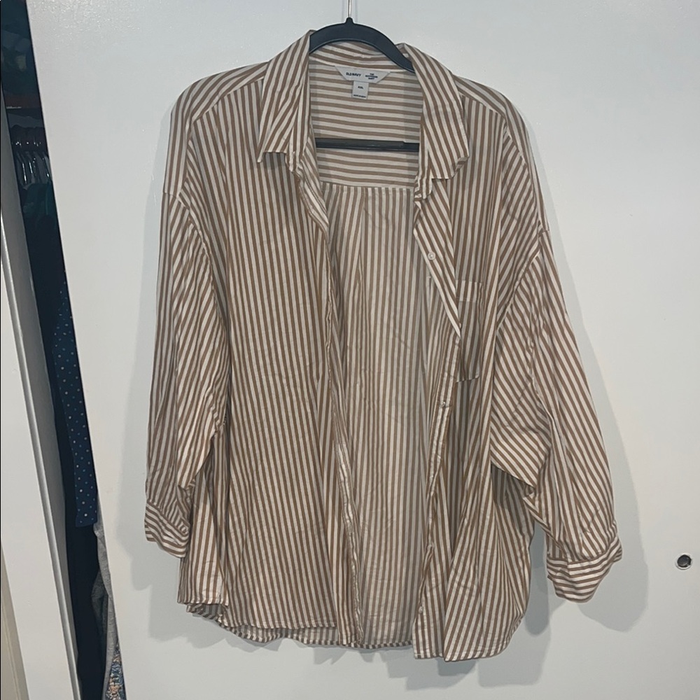 Old Navy Tan and White Striped “The Boyfriend Shirt” Oversized Button Down